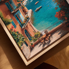 Framed canvas wall art of Villefranche-sur-Mer with seaside terrace, boats, and blue water