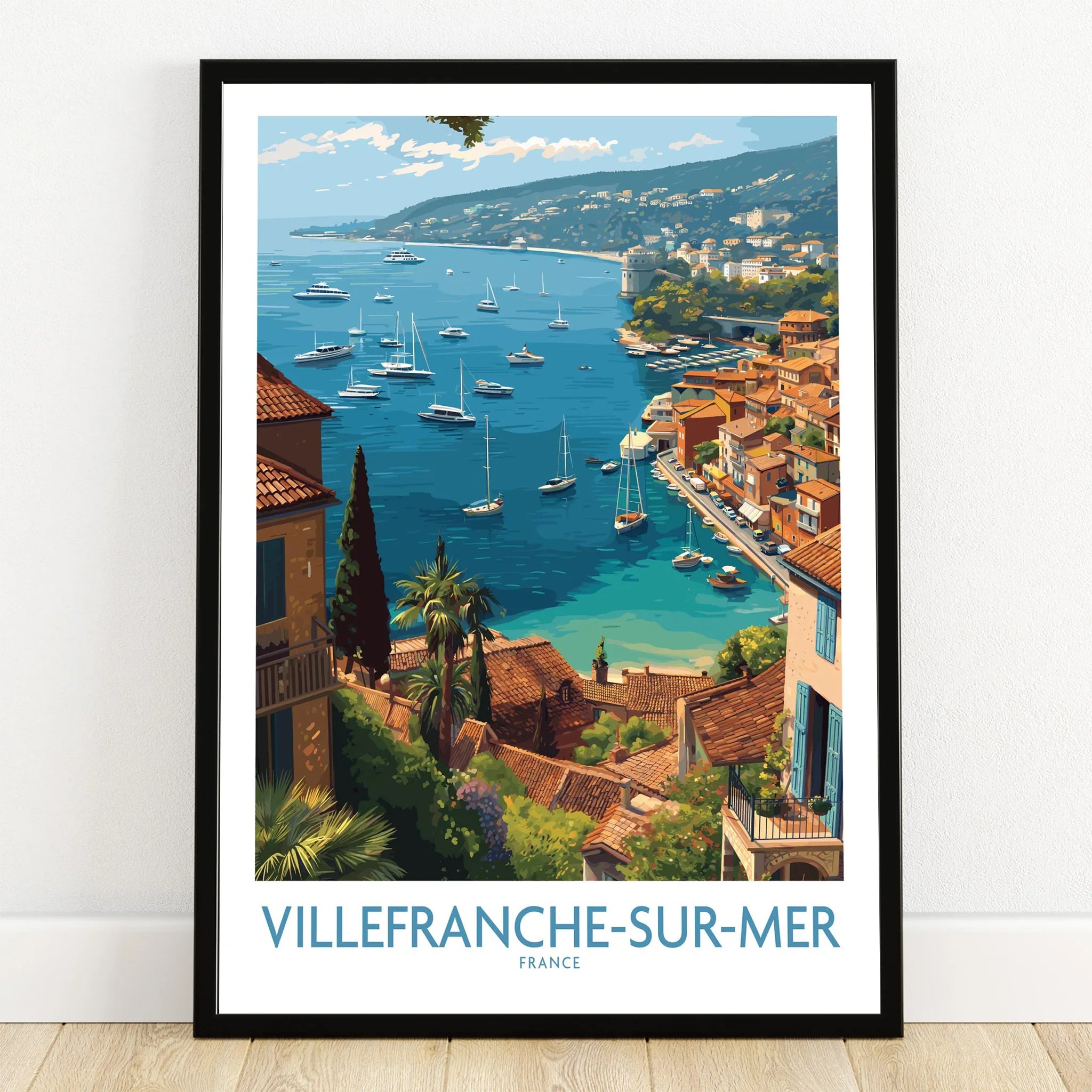 Villefranche-sur-Mer art print in black frame, coastal French Riviera poster with harbor view