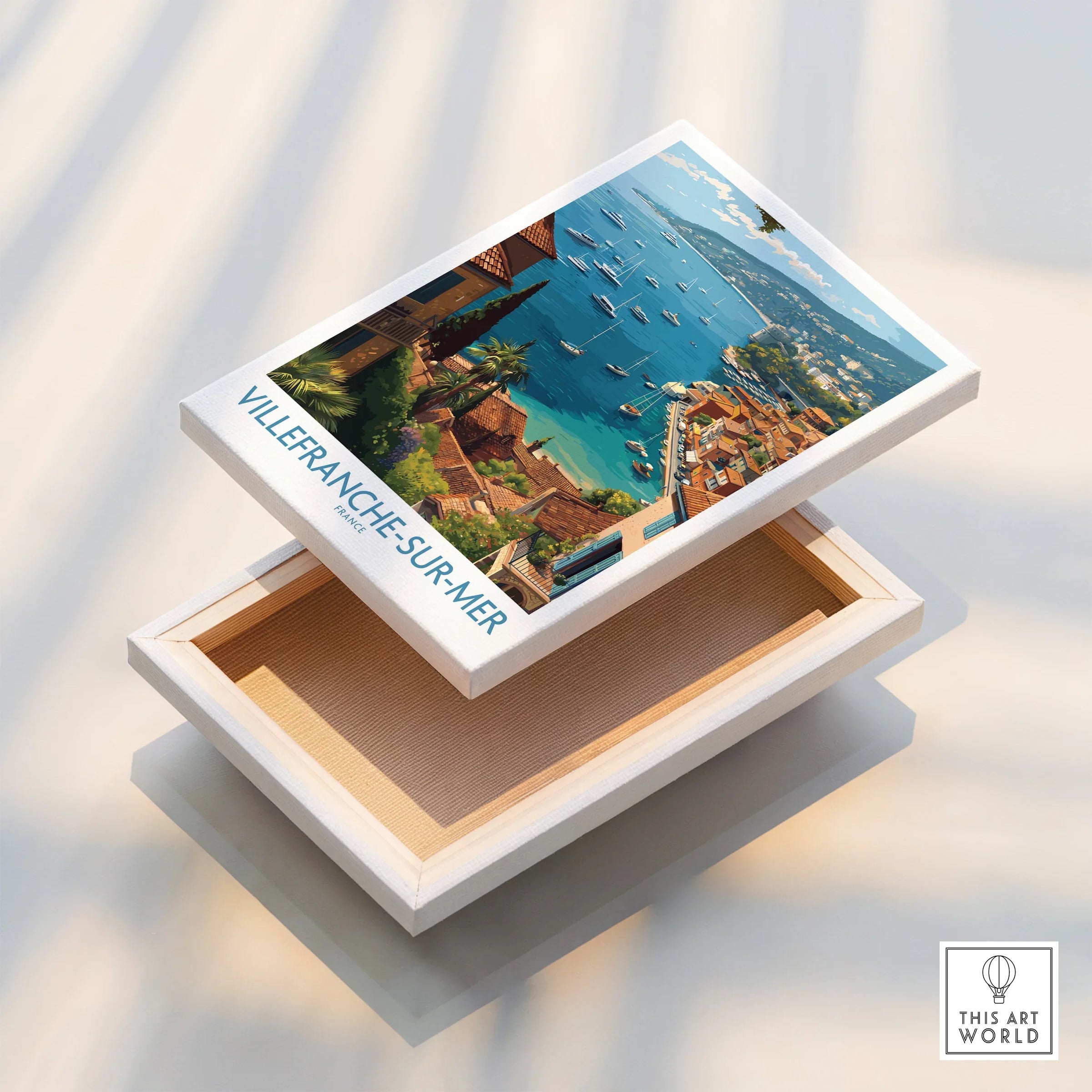 Villefranche-sur-Mer French Riviera wall art print with coastal view and boats, floating canvas detail