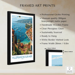 Framed art print of Villefranche-sur-Mer travel poster with product details and measurements