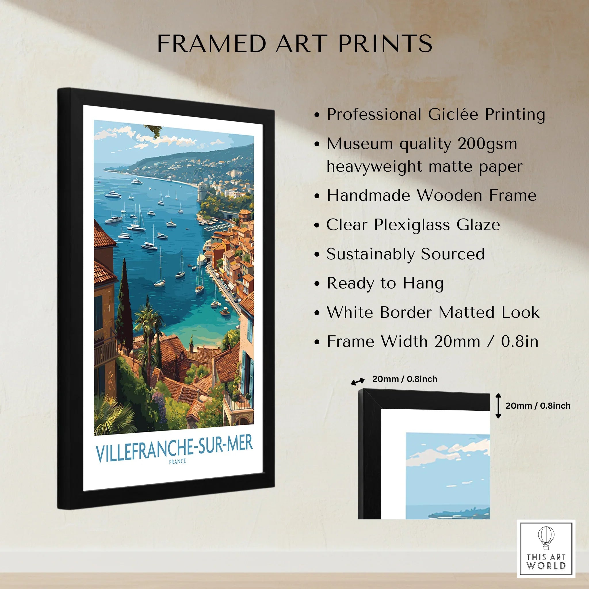 Framed art print of Villefranche-sur-Mer travel poster with product details and measurements
