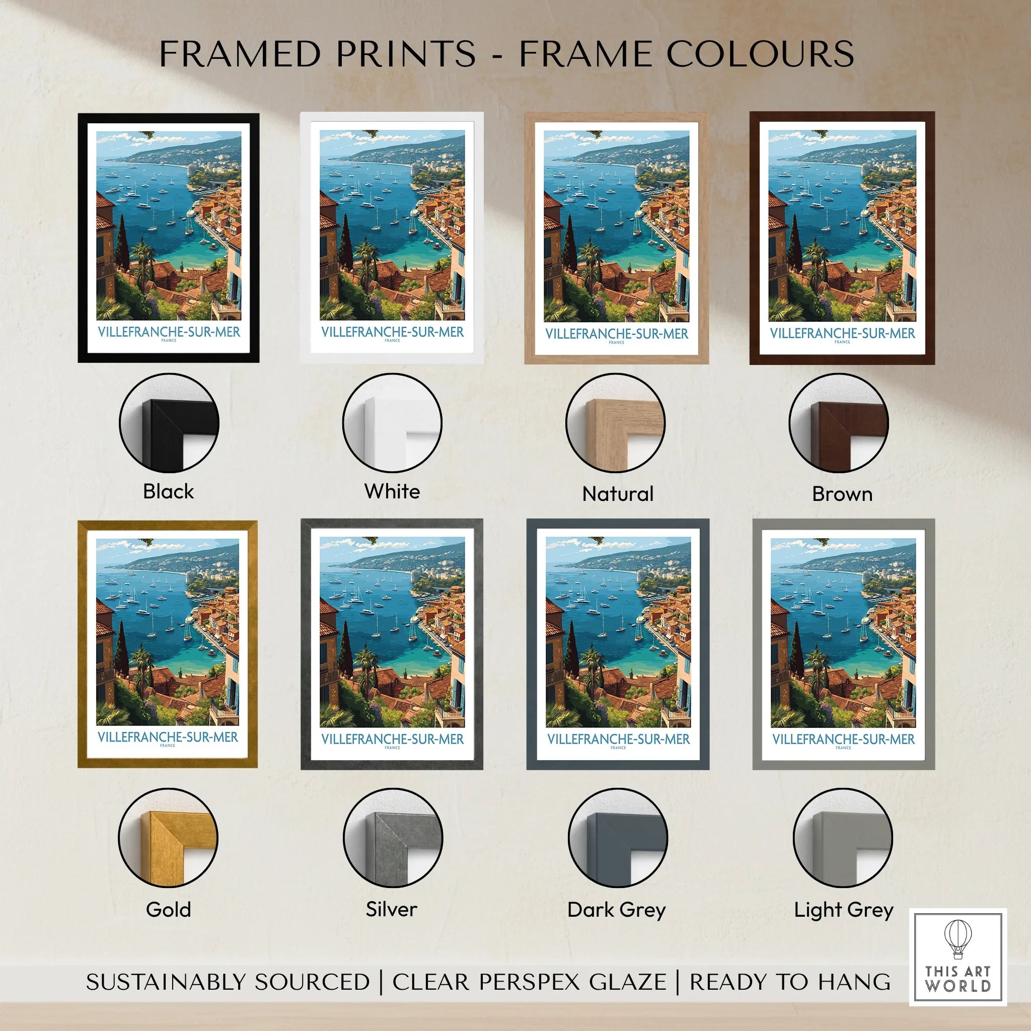 Villefranche-sur-Mer travel print in eight frame color options, coastal wall art display