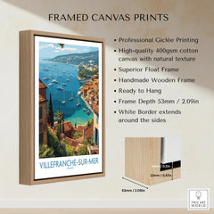 Framed Villefranche-sur-Mer travel poster wall art with coastal view and float wooden frame