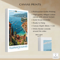 Villefranche-sur-Mer canvas wall art print with colorful coastal view and sailboats, 38mm depth