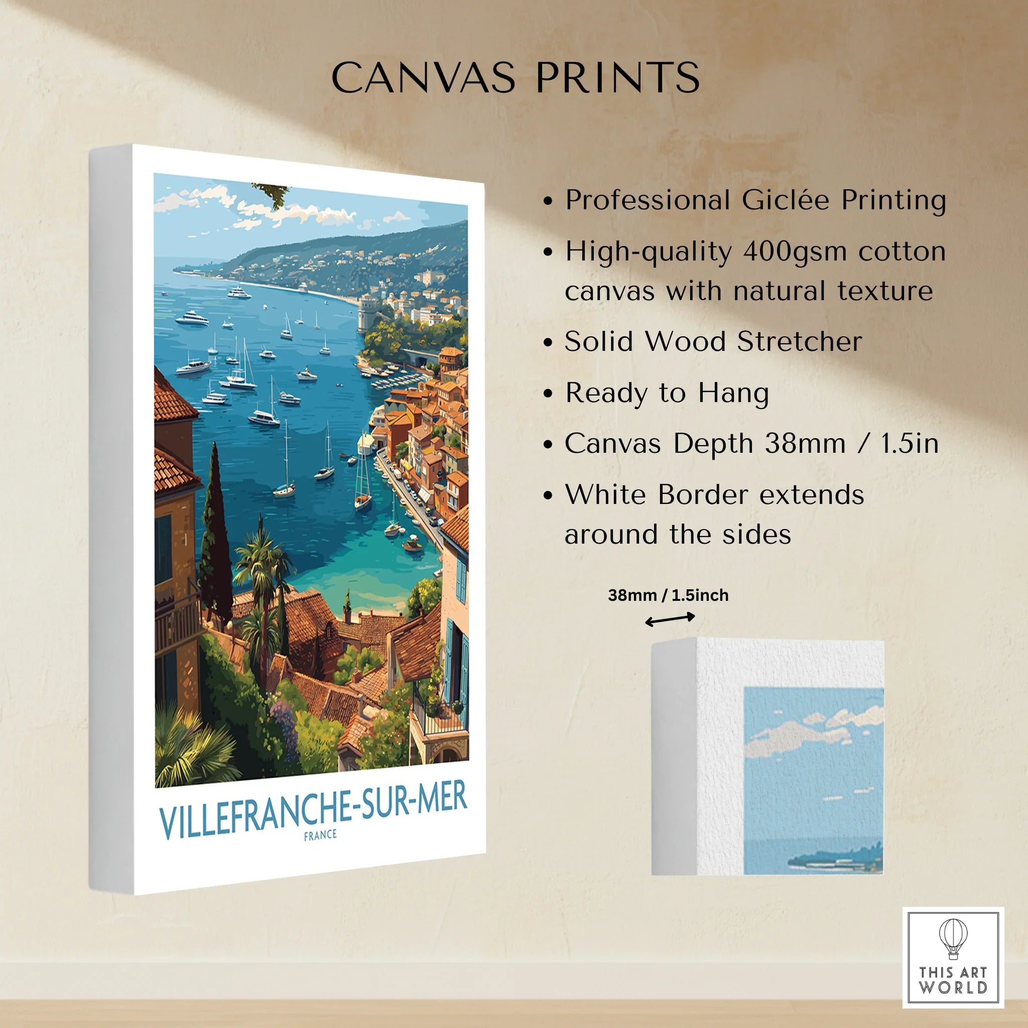 Villefranche-sur-Mer canvas wall art print with colorful coastal view and sailboats, 38mm depth