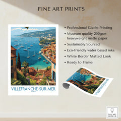 Villefranche-sur-Mer travel art print with colorful coastal view, boats, and white border