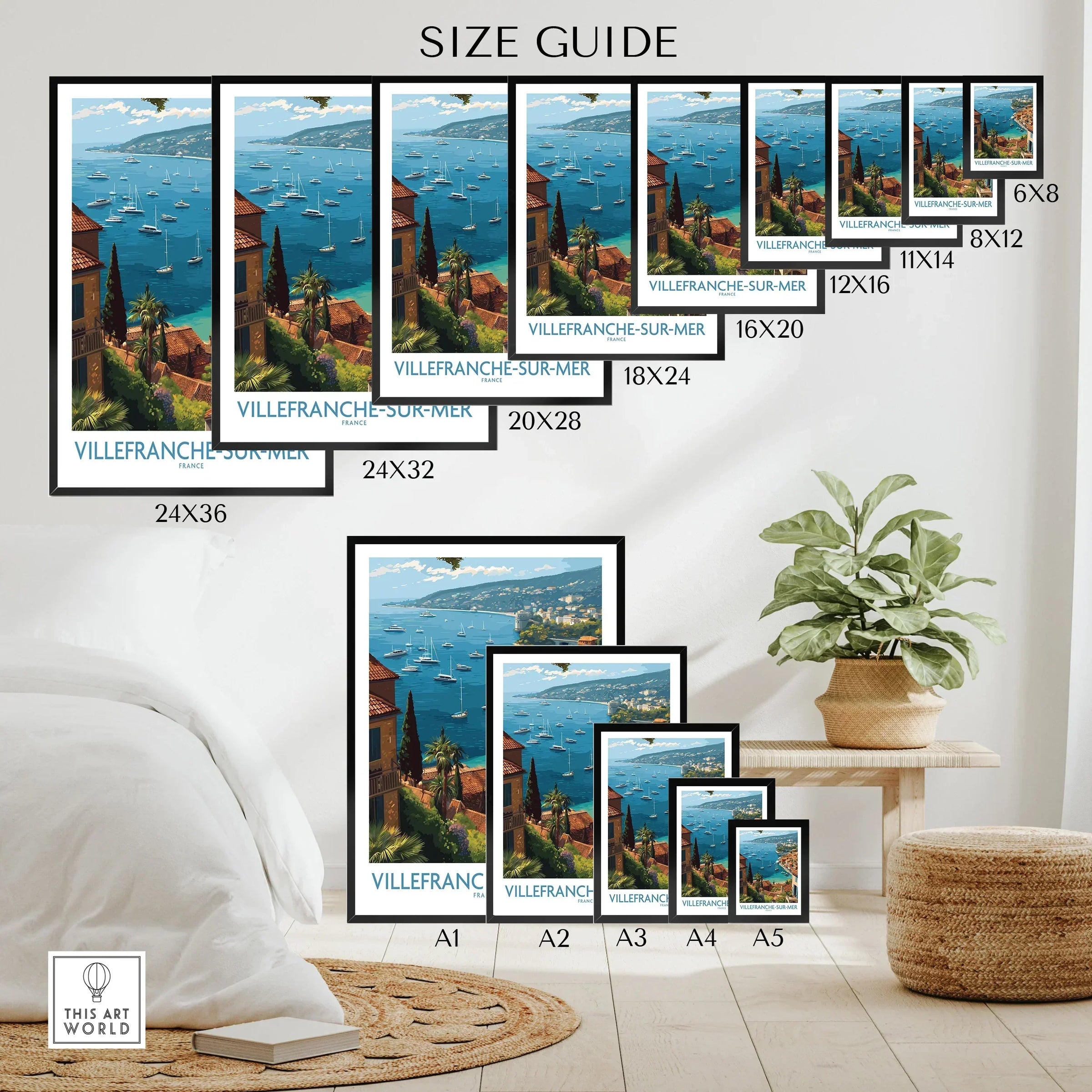Villefranche-sur-Mer travel poster wall art size guide with framed prints in a modern bedroom setting.