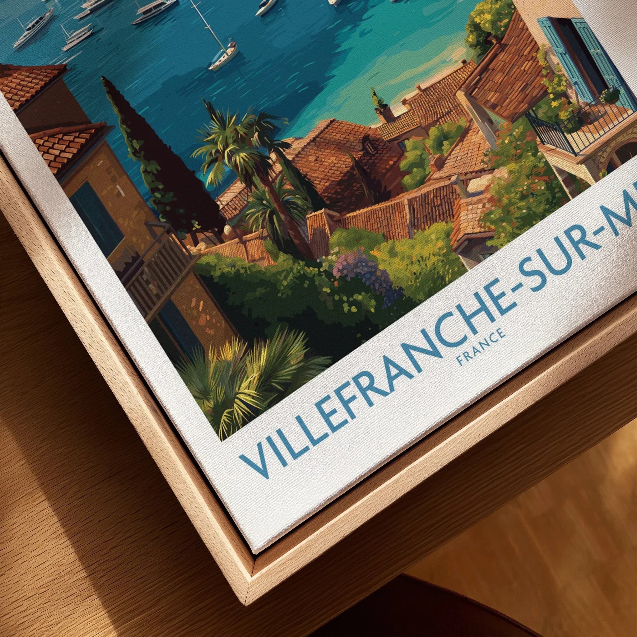 Villefranche-sur-Mer travel poster print with Mediterranean scenery in natural wood frame