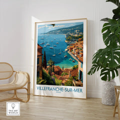 Villefranche-sur-Mer travel poster wall art in modern room with chair and plant
