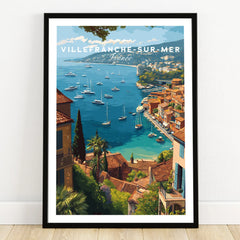 Villefranche-sur-Mer travel art print with boats, colorful houses, sea view in black frame