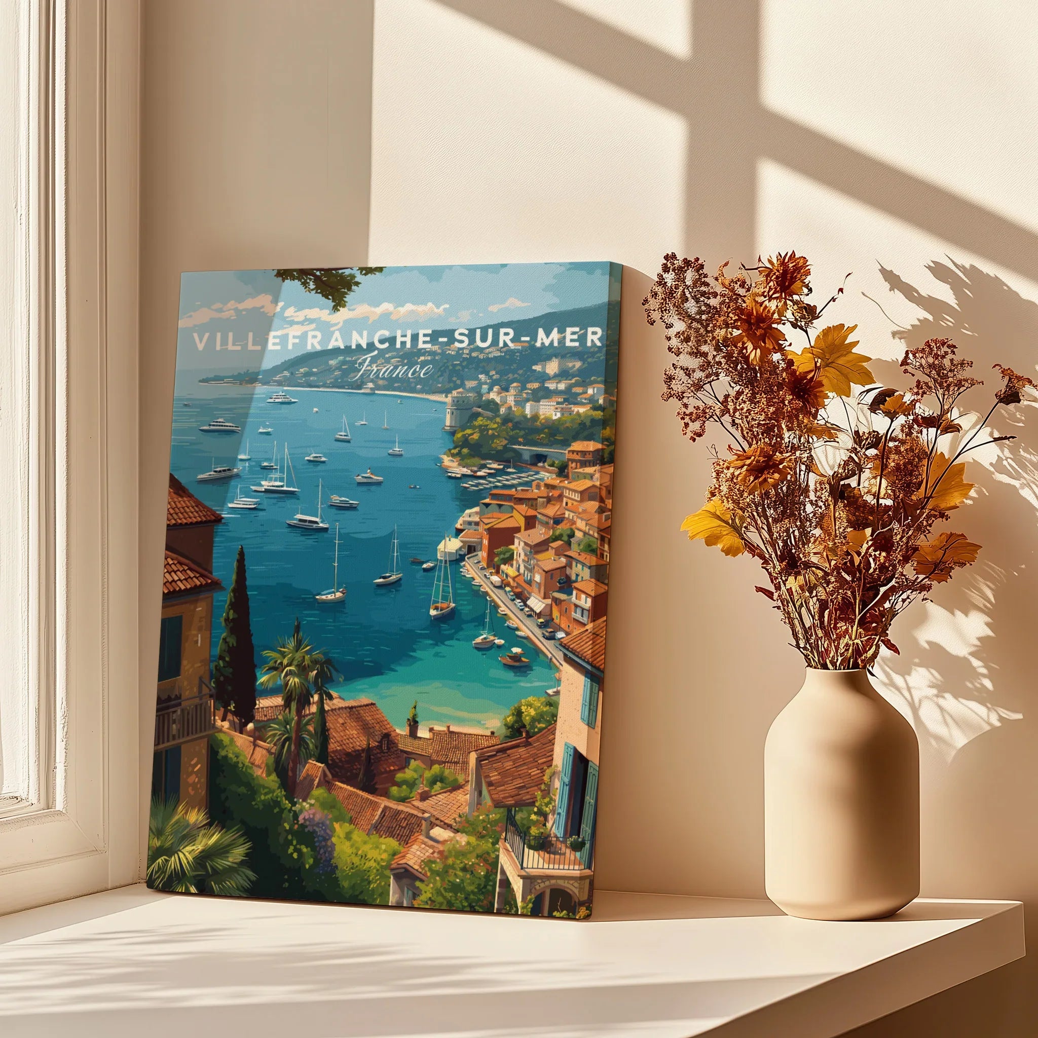 Villefranche-sur-Mer France wall art canvas with sunny coastal view in window setting