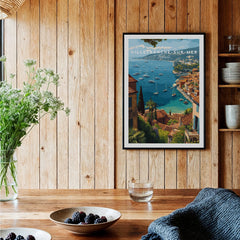 Villefranche-sur-Mer travel poster in black frame on wood kitchen wall with rustic decor