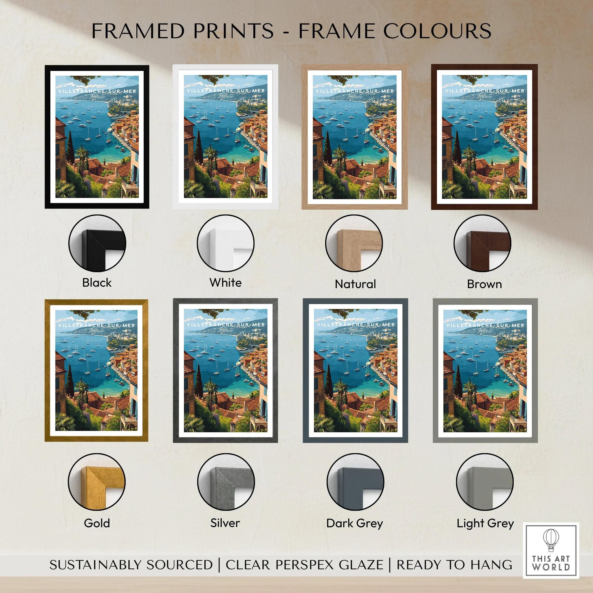 Villefranche-sur-Mer travel poster print with eight frame color options, coastal wall art