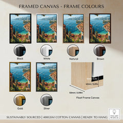 Villefranche-sur-Mer travel poster wall art in six frame color options: black, white, natural, brown, gold, silver.