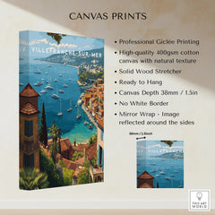 Villefranche-sur-Mer coastal canvas print with boats, Mediterranean buildings, and blue sea.
