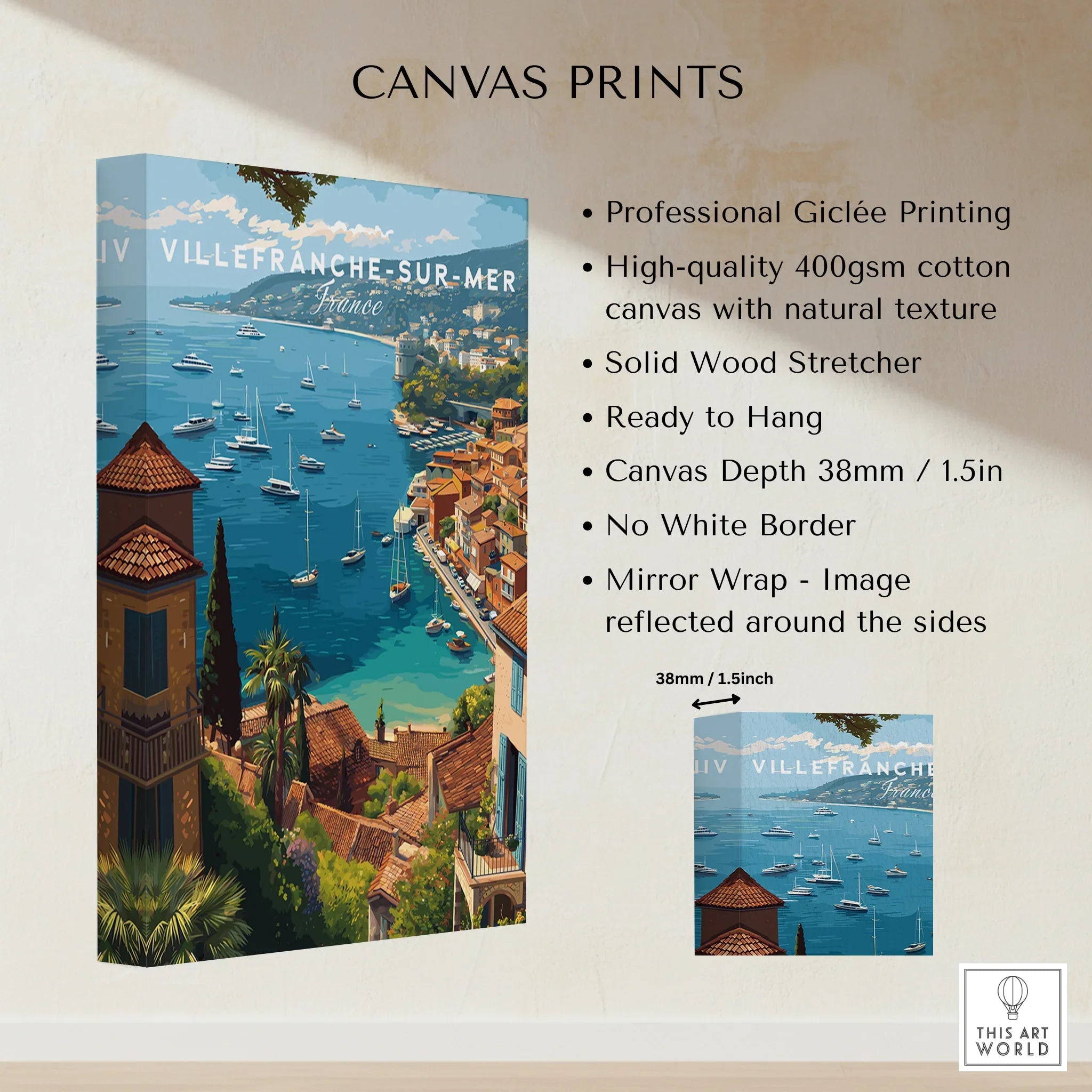 Villefranche-sur-Mer coastal canvas print with boats, Mediterranean buildings, and blue sea.