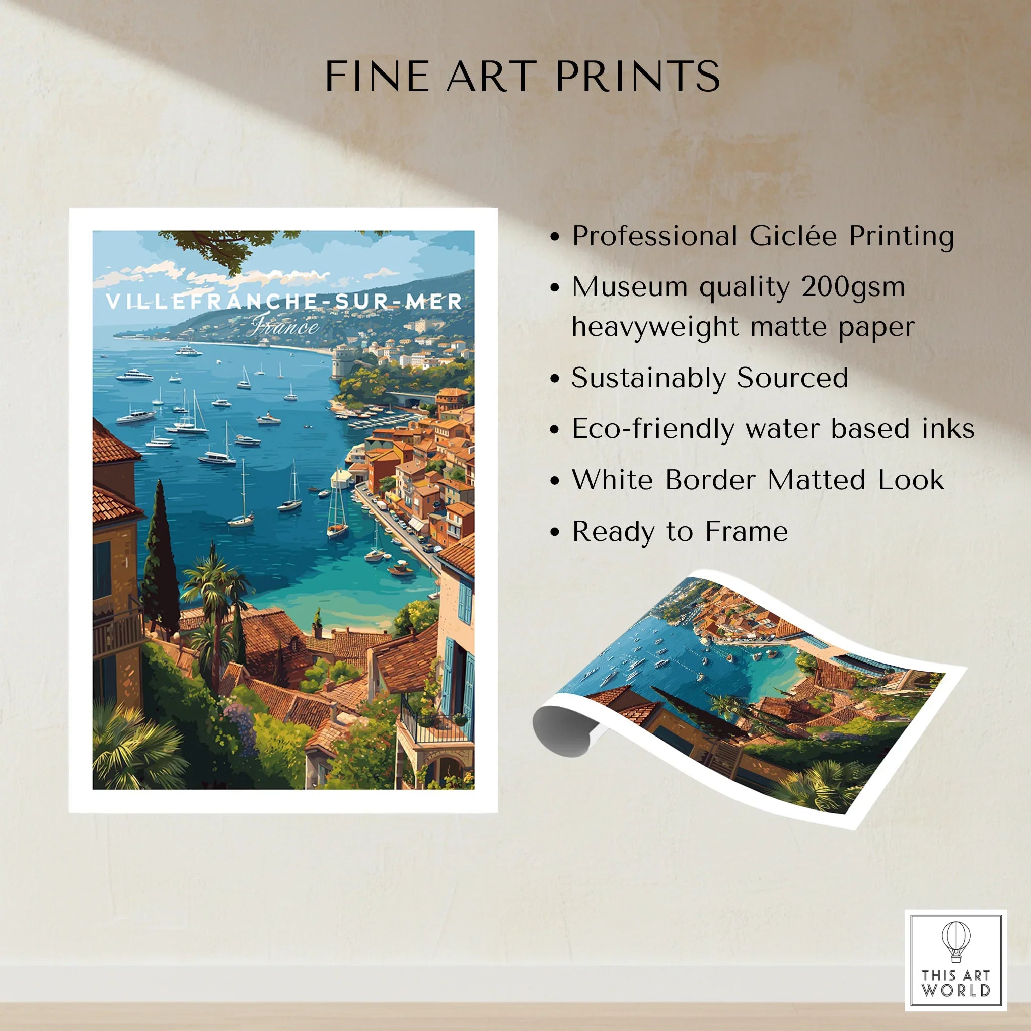 Villefranche-sur-Mer France fine art print with colorful coastal houses and yachts on blue sea
