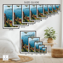 Villefranche-sur-Mer travel poster wall art size guide showing sailboats and coastal view