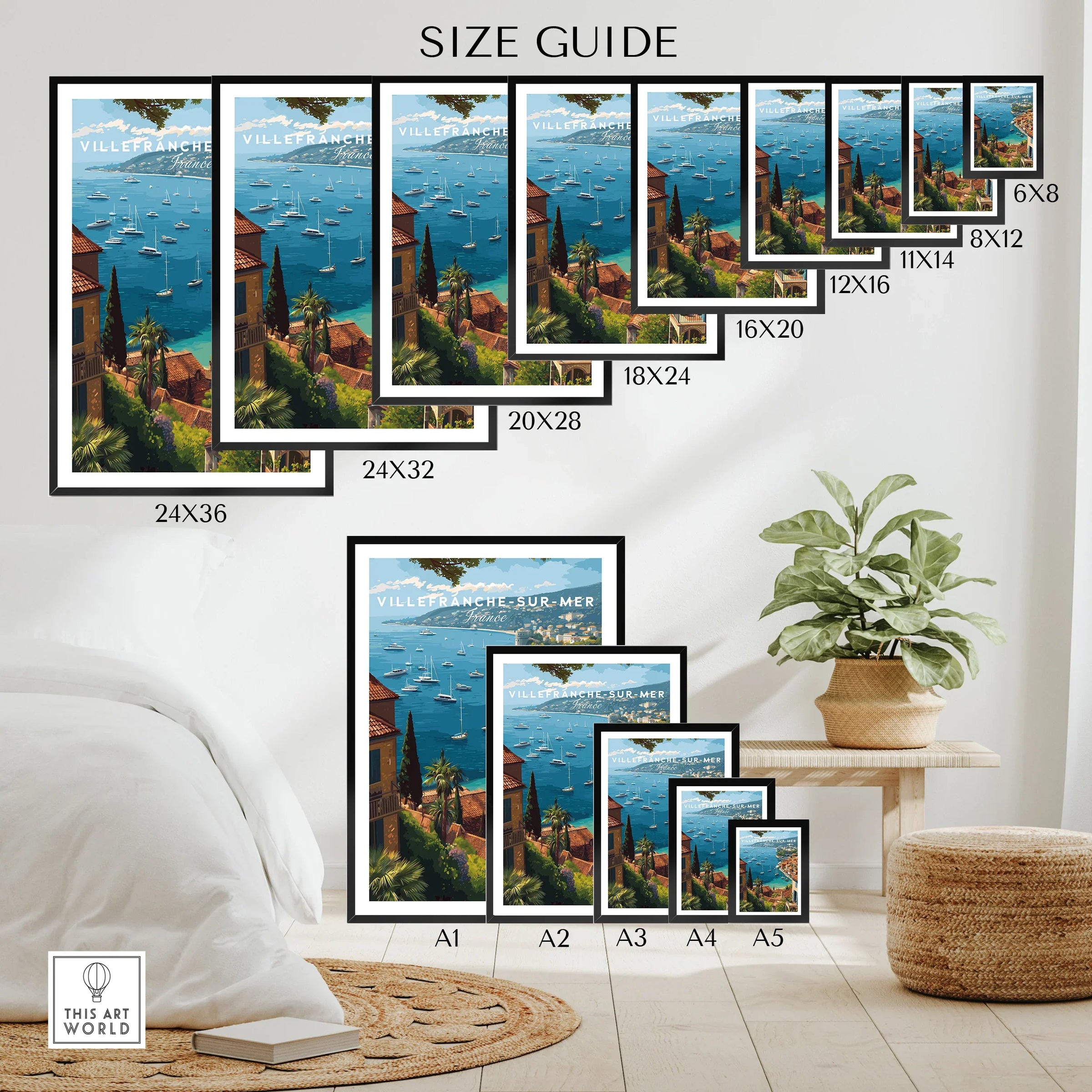 Villefranche-sur-Mer travel poster wall art size guide showing sailboats and coastal view