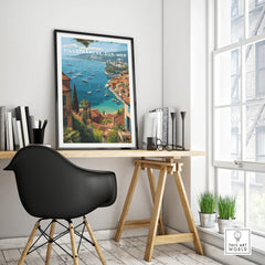 Villefranche-sur-Mer travel poster with black frame on modern office desk, coastal wall art