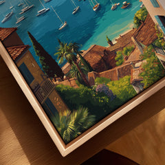 Framed canvas wall art of Villefranche-sur-Mer with rooftops, palm trees, and boats on blue water