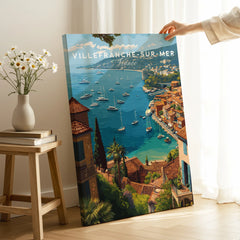 Villefranche-sur-Mer travel poster canvas print with Mediterranean coast, held in a sunlit room