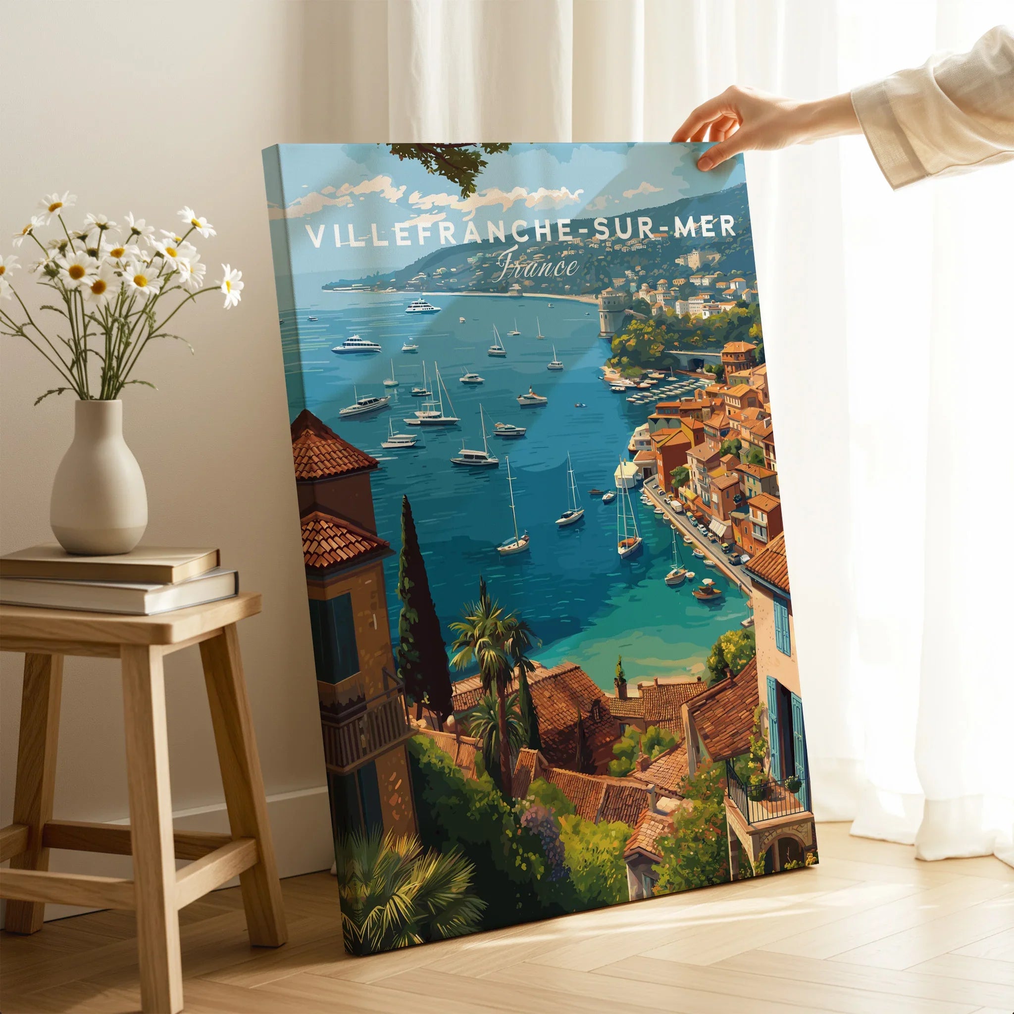 Villefranche-sur-Mer travel poster canvas print with Mediterranean coast, held in a sunlit room