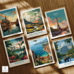 Set of six framed travel posters with city and nature scenes on a wooden floor
