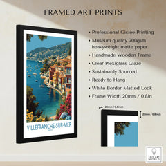 Framed Villefranche-sur-Mer travel poster with black handmade frame, art print quality details