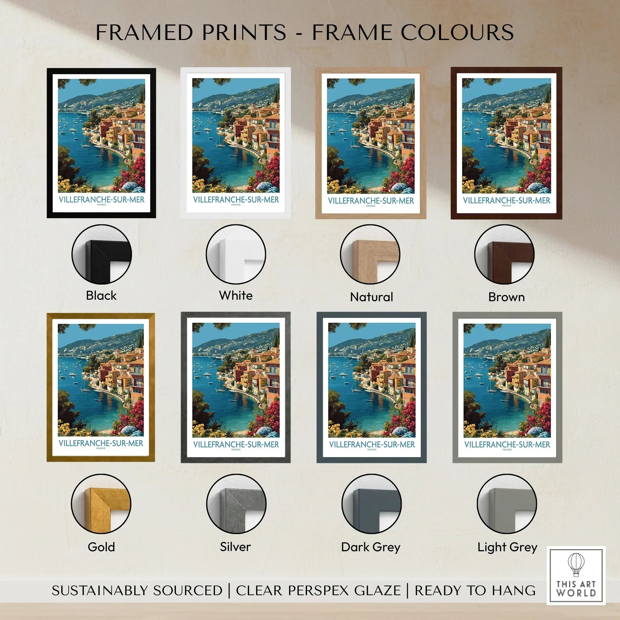 Villefranche-sur-Mer travel poster framed print in eight color frame options with seaside view.