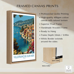 Villefranche-sur-Mer framed canvas wall art featuring colorful coastal town and harbor.