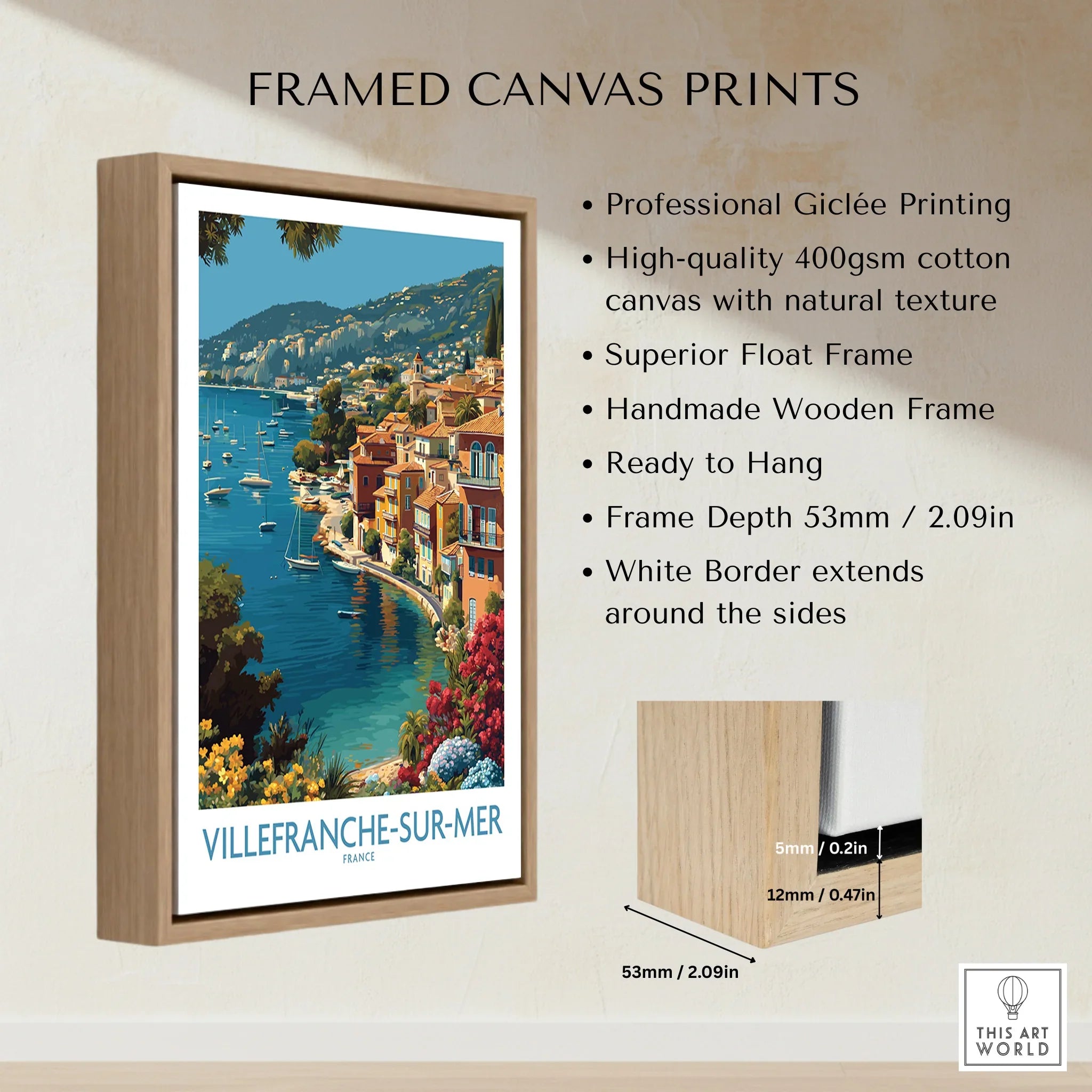 Villefranche-sur-Mer framed canvas wall art featuring colorful coastal town and harbor.