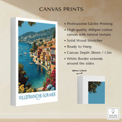Villefranche-sur-Mer canvas wall art print featuring colorful coastal town and blue sea view