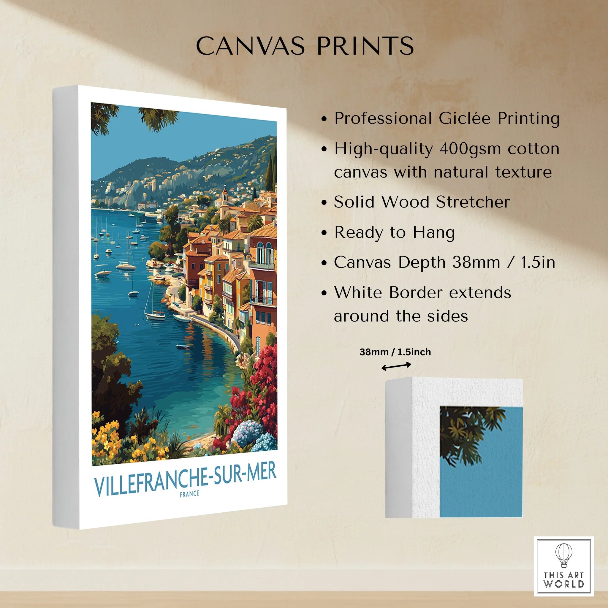Villefranche-sur-Mer canvas wall art print featuring colorful coastal town and blue sea view