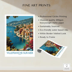 Villefranche-sur-Mer France travel poster print with colorful coastal village and blue sea