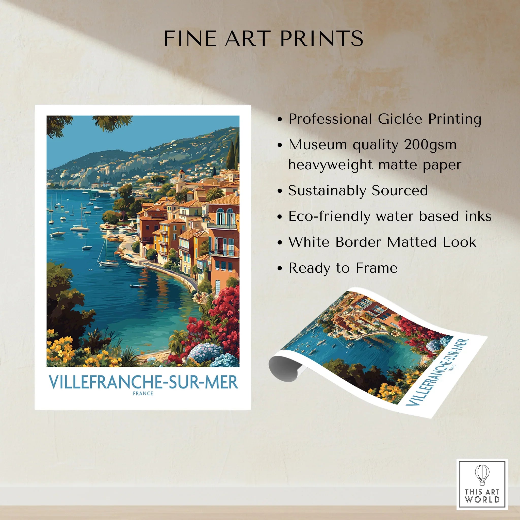Villefranche-sur-Mer France travel poster print with colorful coastal village and blue sea