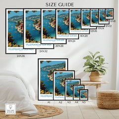 Villefranche-sur-Mer travel poster wall art size guide displayed in modern home decor setting