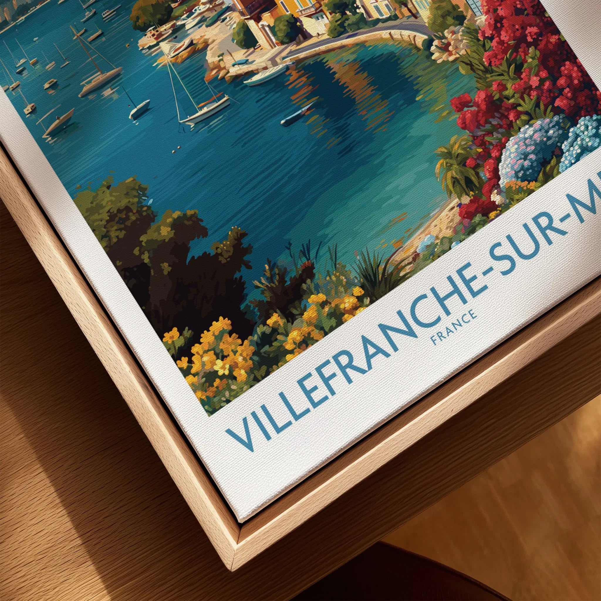 Villefranche-sur-Mer travel art print in natural wood floating frame, coastal wall decor