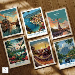 Set of six framed travel posters featuring Venice, Villefranche-sur-Mer, Paris, Singapore, Barcelona, and Sri Lanka, displayed on a wooden floor.