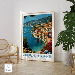 Villefranche-sur-Mer travel poster framed print in modern room with chair and plant