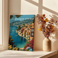 Villefranche-sur-Mer travel poster canvas with coastal view, flowers, and vase in sunlight
