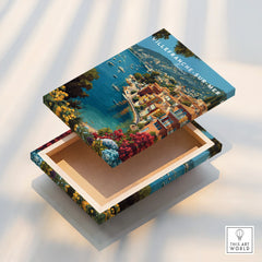 Villefranche-sur-Mer canvas print with vibrant coastal town, flowers, sea, and floating frame.