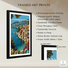 Framed Villefranche-sur-Mer art print with Mediterranean coastal view, wooden frame, and product details.