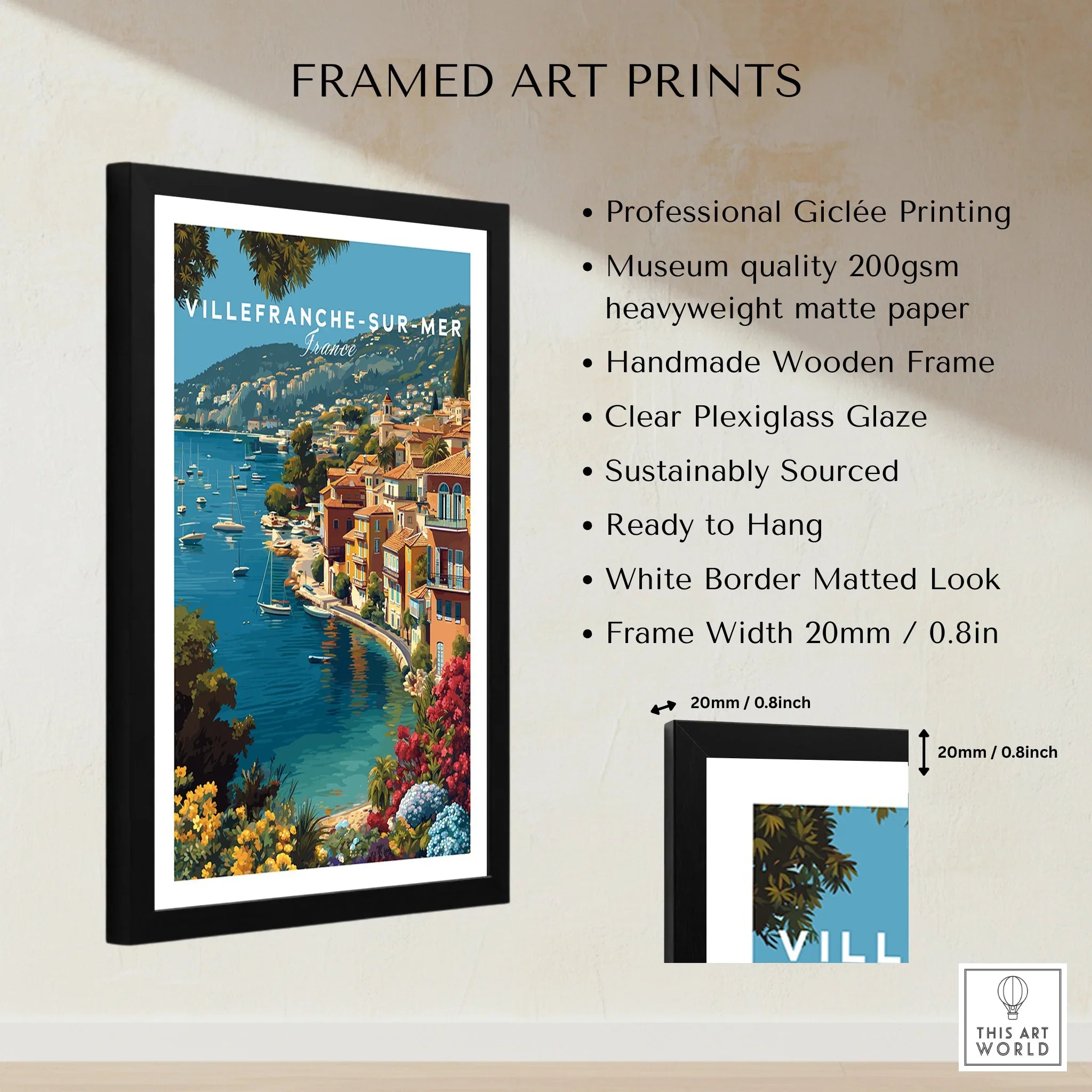 Framed Villefranche-sur-Mer art print with Mediterranean coastal view, wooden frame, and product details.