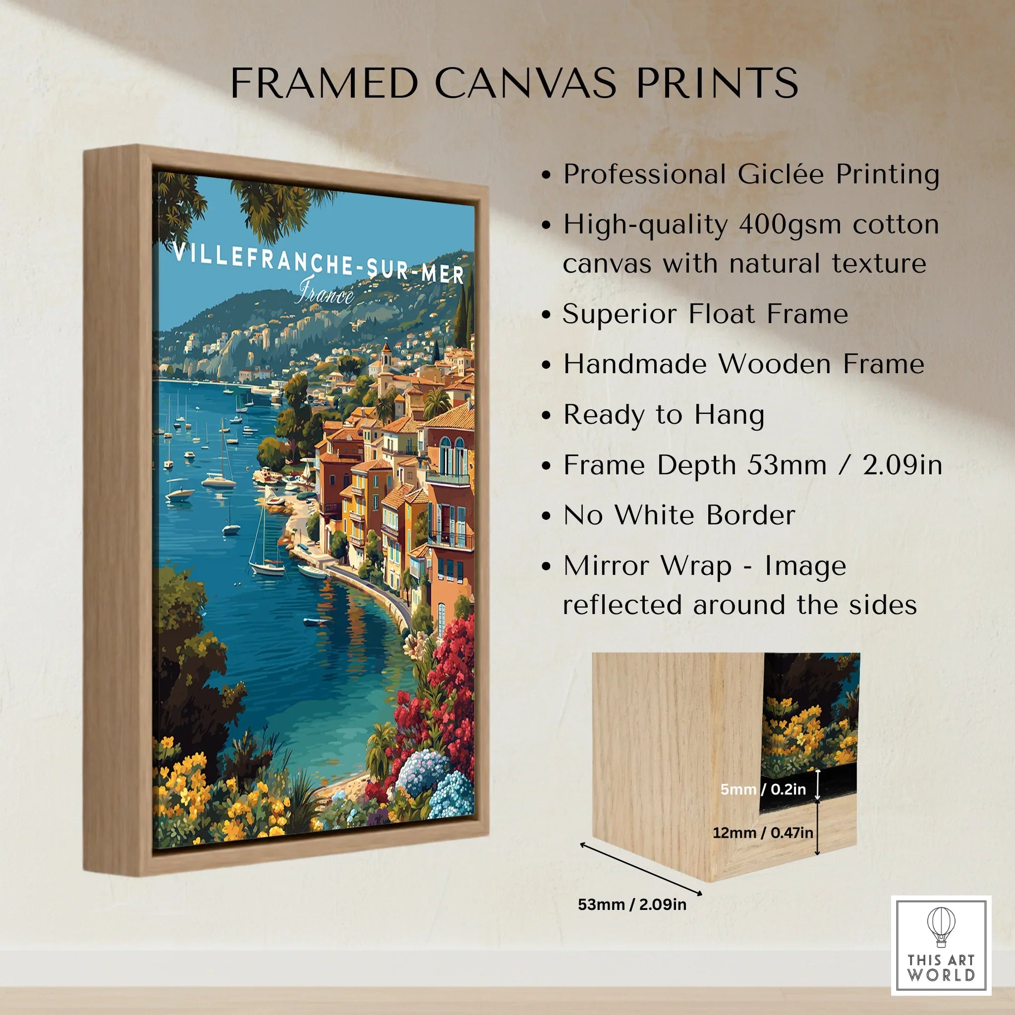Villefranche-sur-Mer travel poster wall art in wood float frame, Mediterranean coastal print