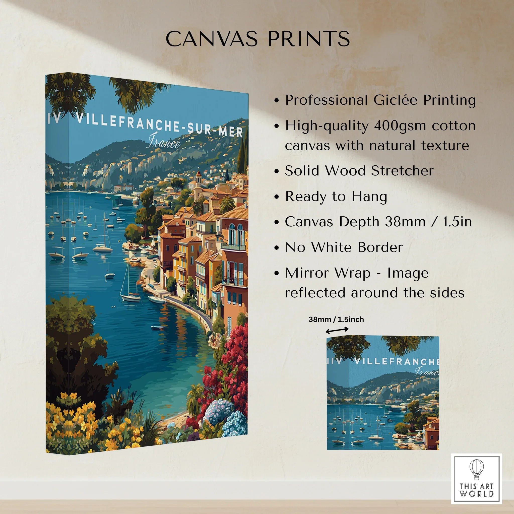 Villefranche-sur-Mer canvas print with colorful coastal houses, boats, and scenic bay view