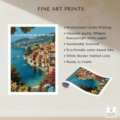 Villefranche-sur-Mer France coastal art print with colorful houses, boats, and floral accents.