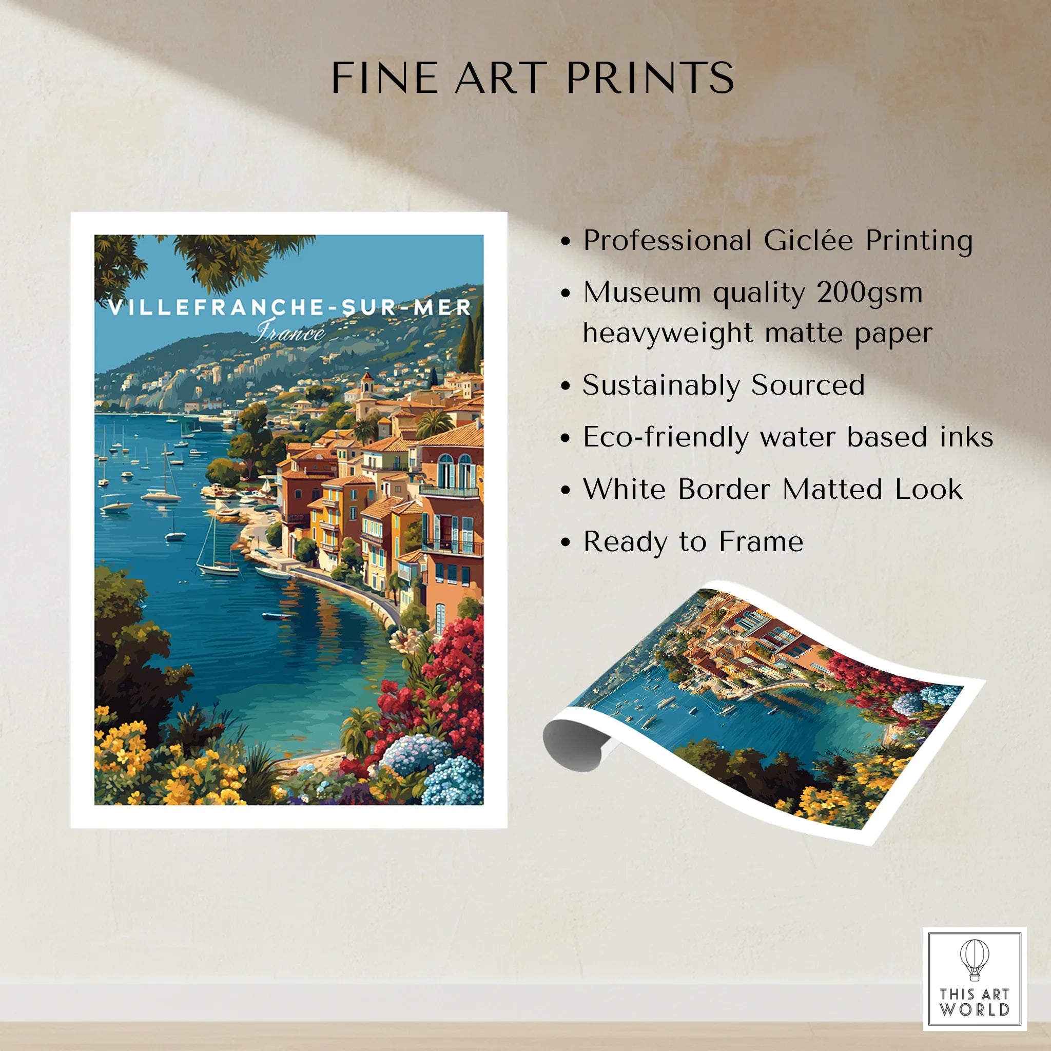 Villefranche-sur-Mer France coastal art print with colorful houses, boats, and floral accents.