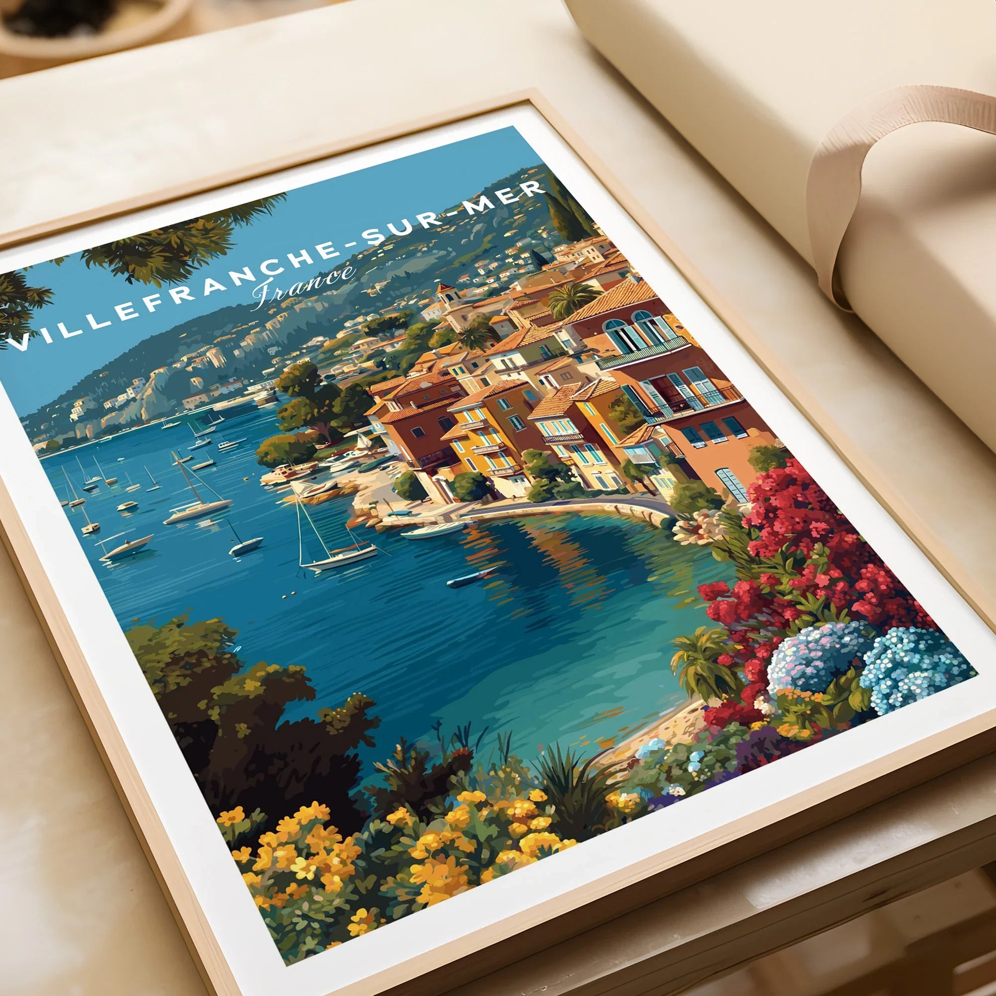 Villefranche-sur-Mer travel poster art print with colorful coastal buildings, boats, flowers, in natural wood frame