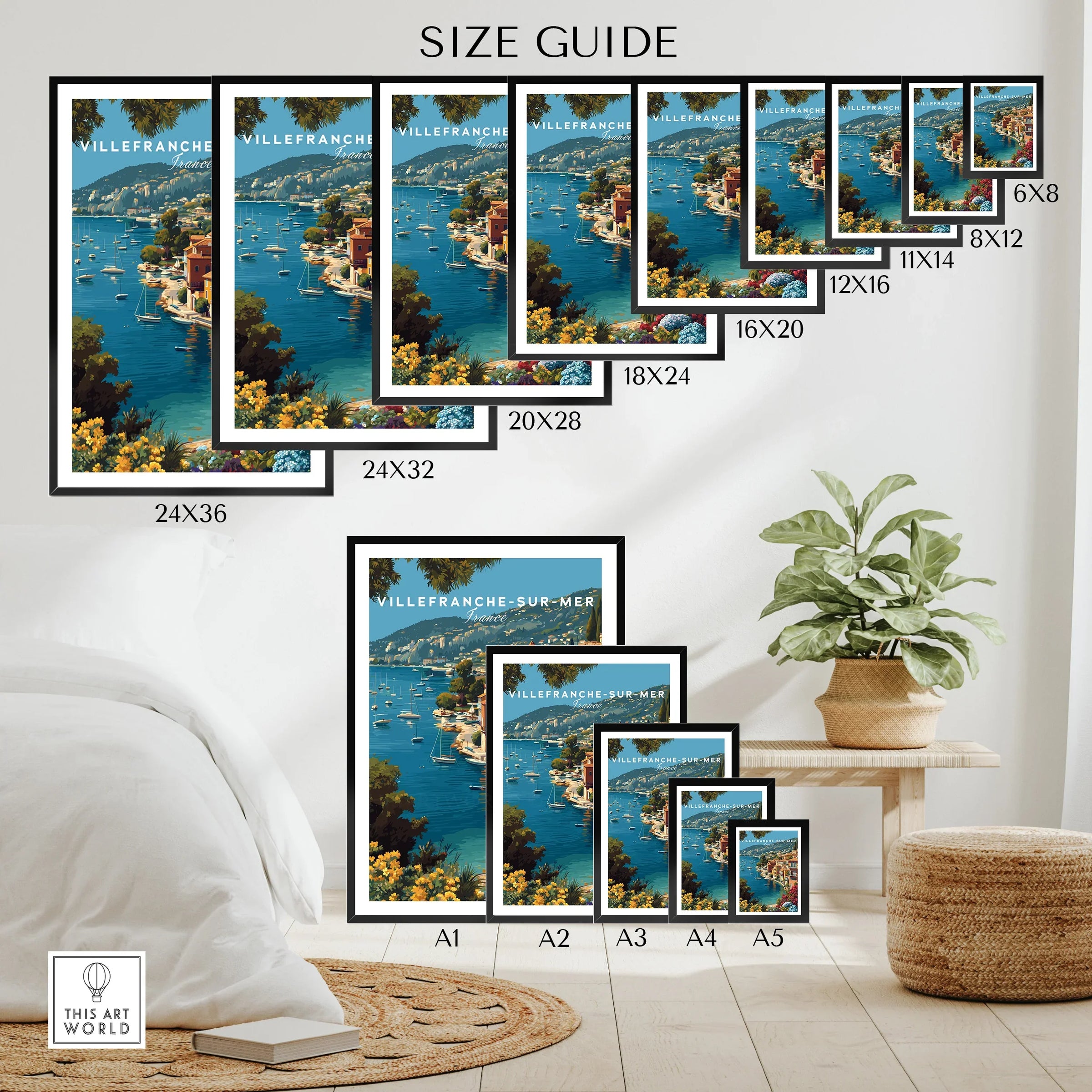 Villefranche-sur-Mer travel poster wall art size guide, coastal scenic print in various frames.